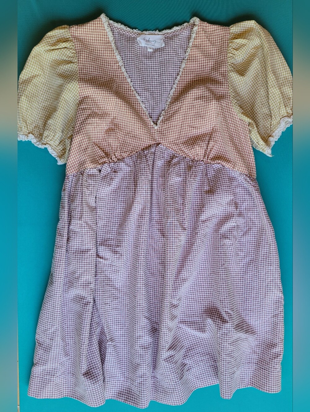 Babydoll Dress La February Size Small Patchwork Purple Gold & Rust Color Gingham